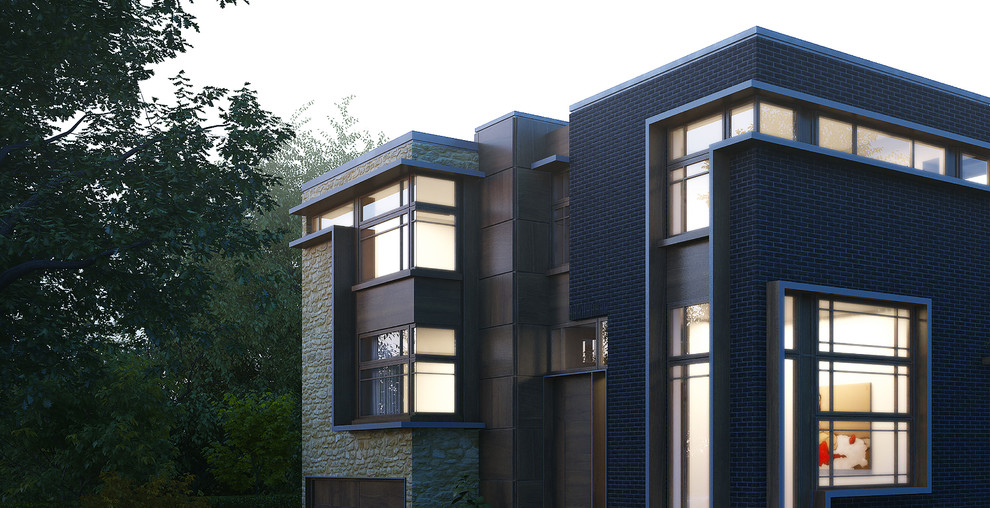 Свежая идея для дизайна: большой, двухэтажный, деревянный, разноцветный частный загородный дом в стиле ретро с плоской крышей - отличное фото интерьера