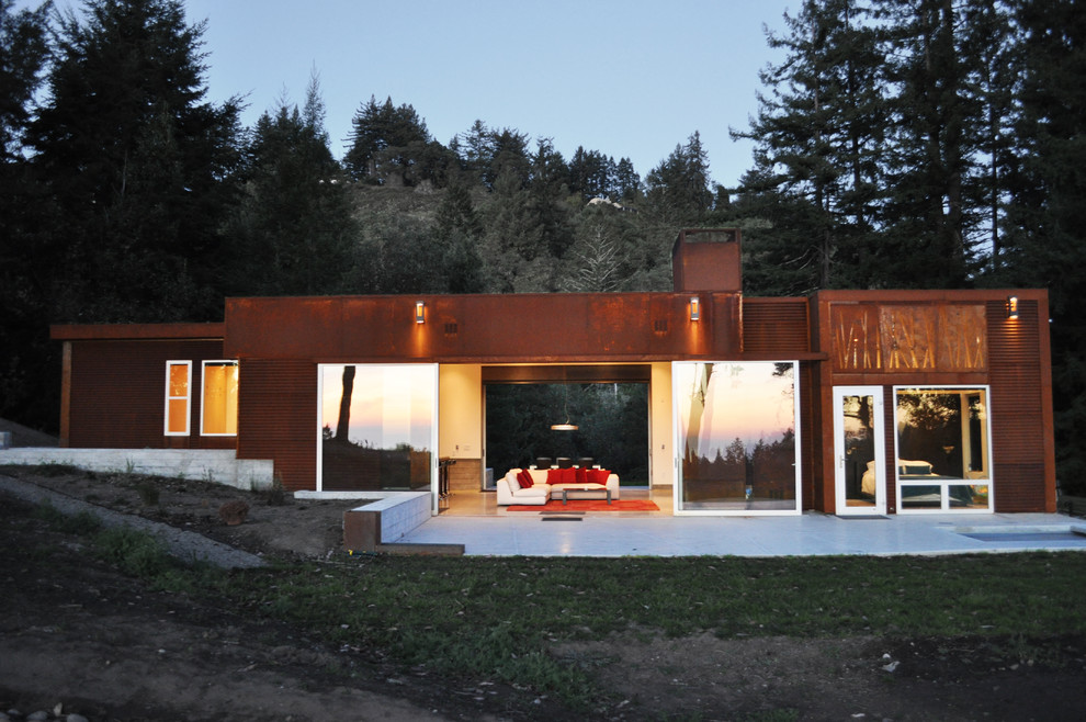 Foto della facciata di una casa industriale a un piano con rivestimento in metallo e tetto piano