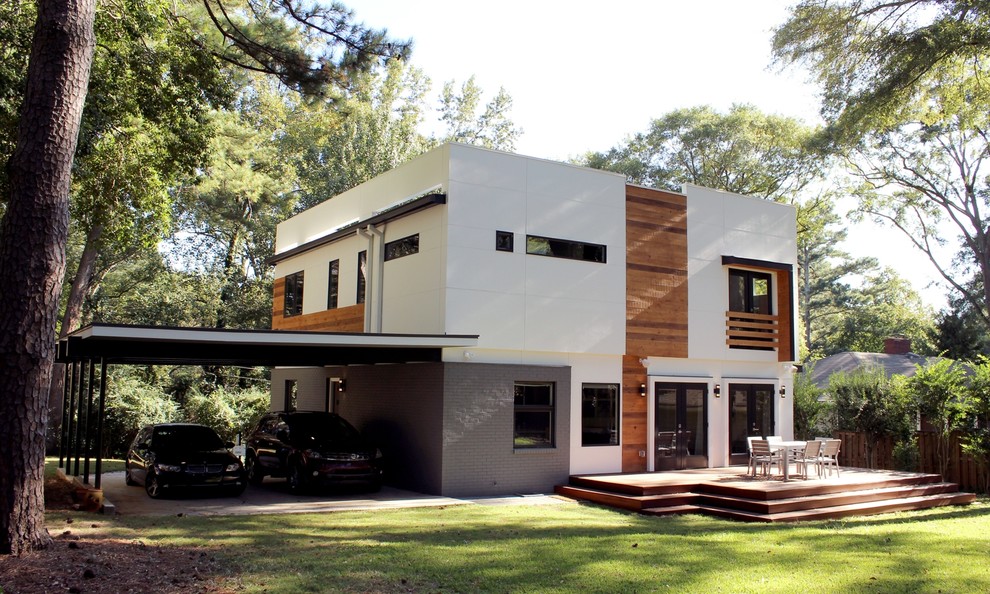 Mid-sized modern white two-story concrete fiberboard exterior home idea in Atlanta