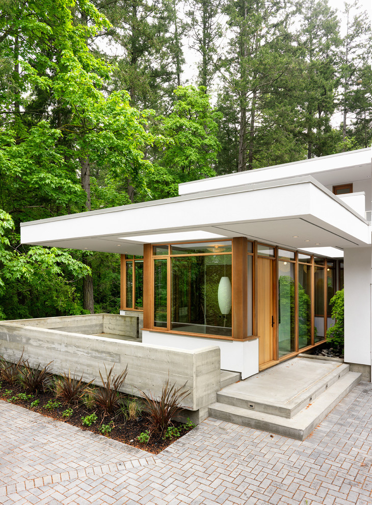 Идея дизайна: одноэтажный, белый частный загородный дом среднего размера в стиле модернизм с облицовкой из цементной штукатурки и плоской крышей