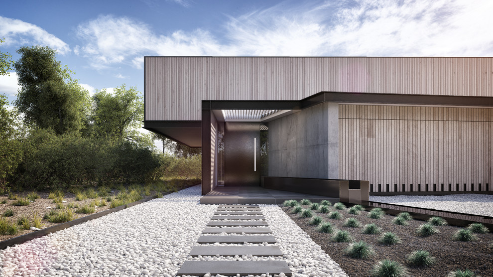 Idee per la villa grande grigia moderna a due piani con rivestimento in legno