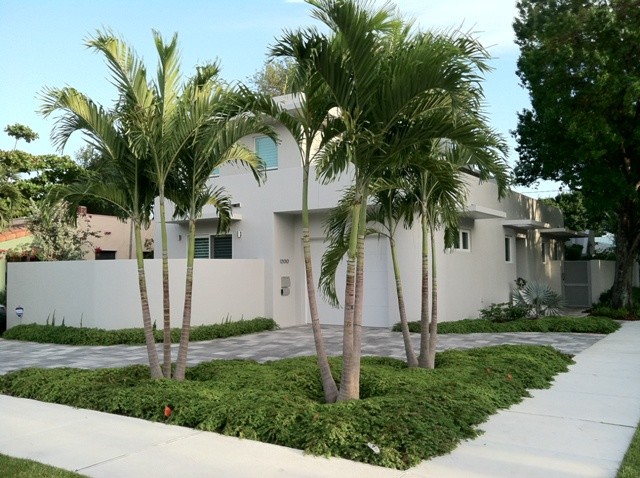 Imagen de fachada de casa beige minimalista de tamaño medio de dos plantas con revestimiento de estuco y tejado plano