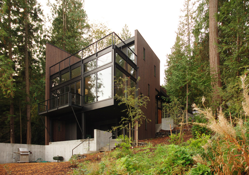 Ispirazione per la facciata di una casa moderna con rivestimento in legno e terreno in pendenza