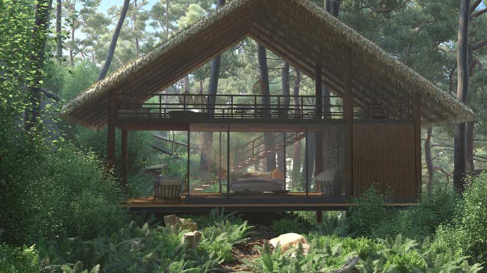 Small tropical brown two-story wood house exterior idea in Other with a shed roof and a green roof