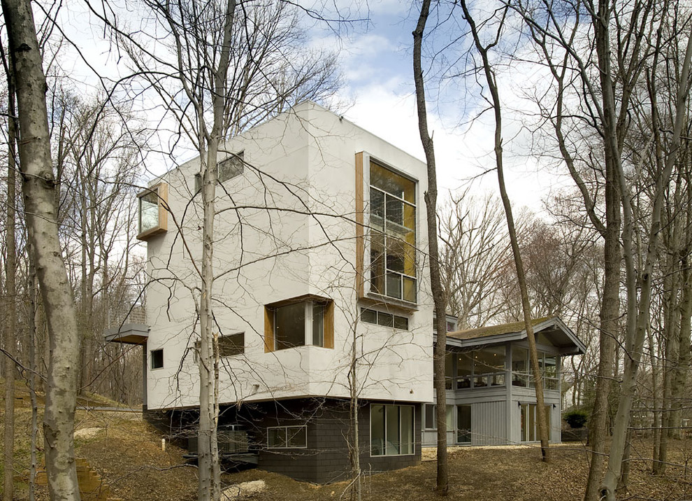 Cette photo montre une façade de maison tendance à deux étages et plus.