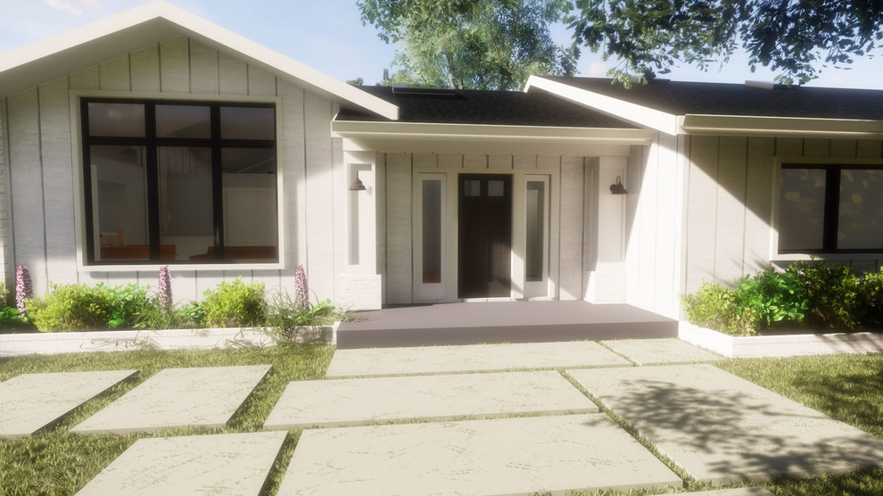 Idee per la villa grande bianca american style a un piano con rivestimento in legno, tetto a capanna e copertura a scandole