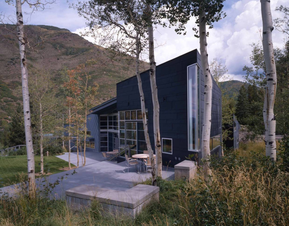 Ispirazione per la villa grande blu contemporanea a un piano con rivestimento in metallo e copertura in metallo o lamiera