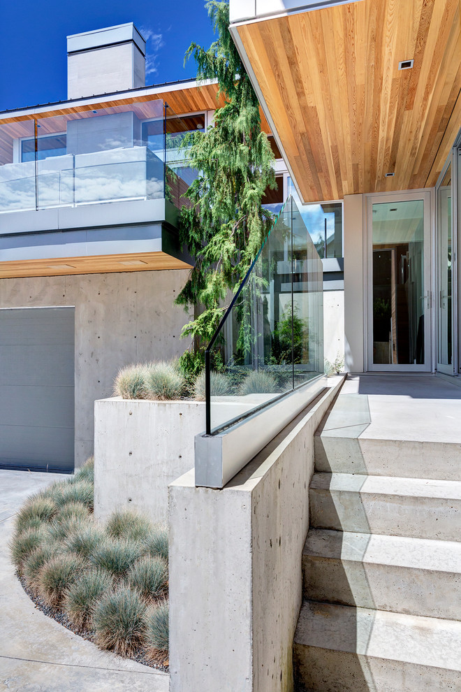Imagen de fachada gris contemporánea grande de dos plantas con revestimiento de hormigón y tejado de un solo tendido