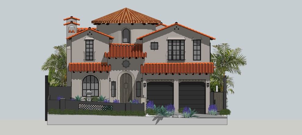 Large and gey mediterranean two floor render detached house in Los Angeles with a pitched roof and a tiled roof.