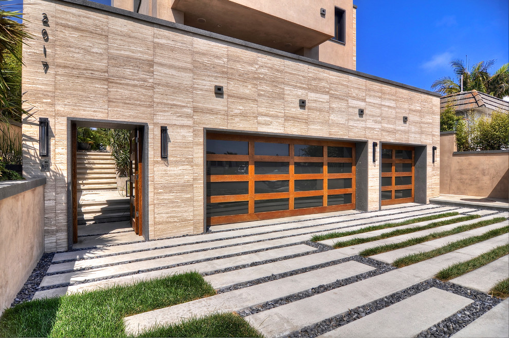 Inspiration for a beige contemporary two floor house exterior in Orange County.