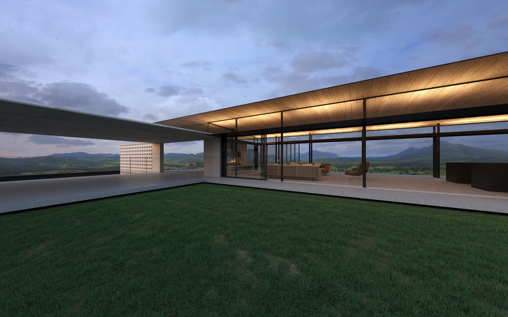 Idee per la villa grigia contemporanea a un piano di medie dimensioni con rivestimento in cemento, tetto piano e copertura in metallo o lamiera