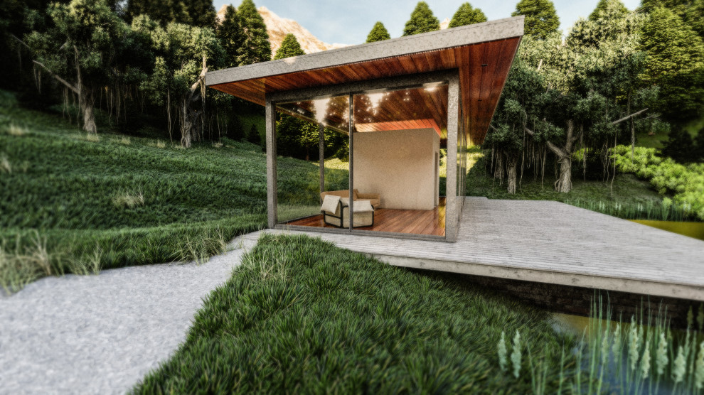 Идея дизайна: маленький, одноэтажный, стеклянный, серый частный загородный дом в скандинавском стиле с плоской крышей и металлической крышей для на участке и в саду