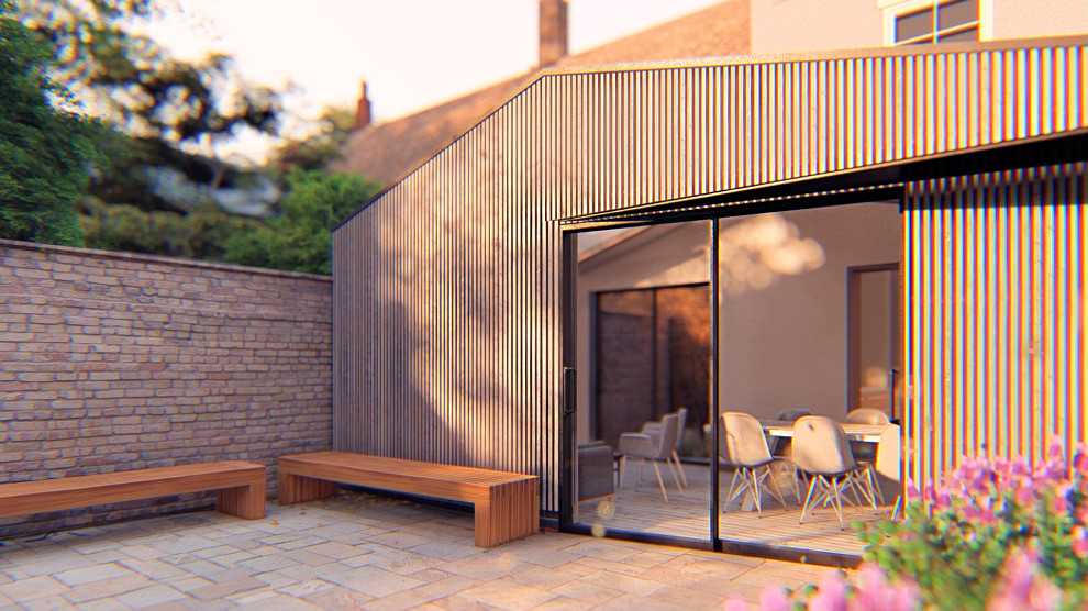 Idéer för mellanstora minimalistiska grå hus, med allt i ett plan, pulpettak och tak i mixade material