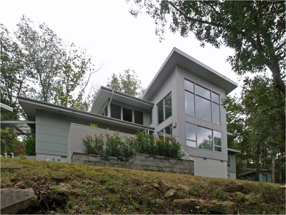 Идея дизайна: двухэтажный дом в современном стиле с облицовкой из ЦСП и односкатной крышей