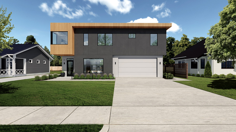 Стильный дизайн: двухэтажный, деревянный, серый частный загородный дом среднего размера в стиле модернизм с плоской крышей и зеленой крышей - последний тренд