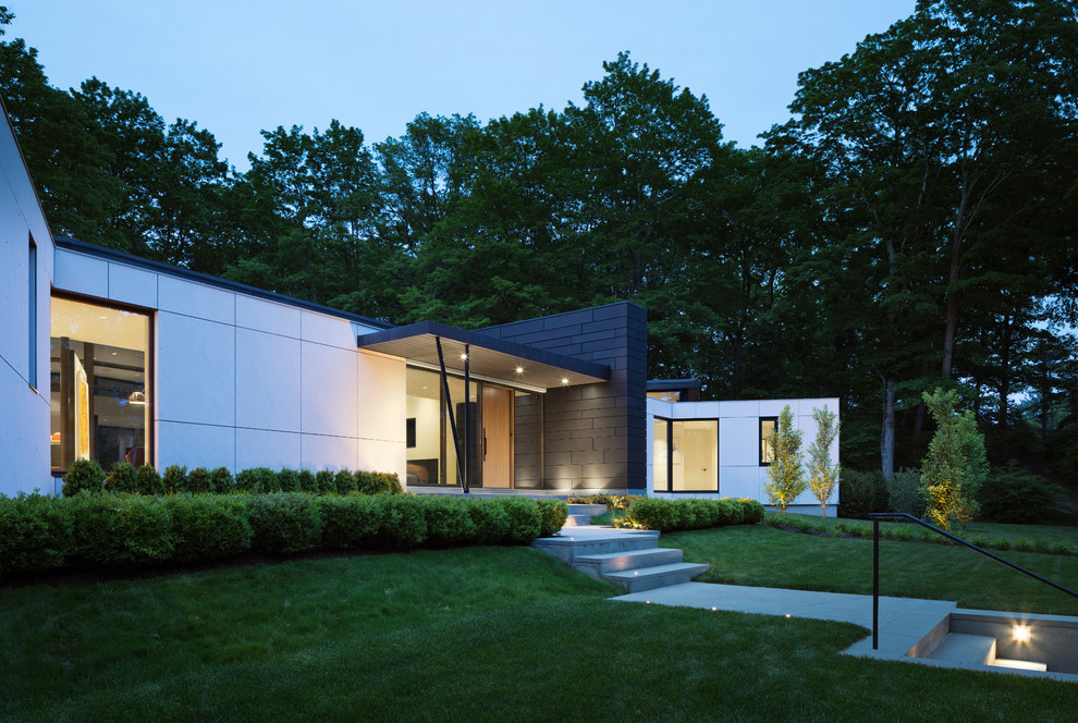 Modelo de fachada de casa multicolor minimalista de una planta con revestimiento de aglomerado de cemento y tejado plano