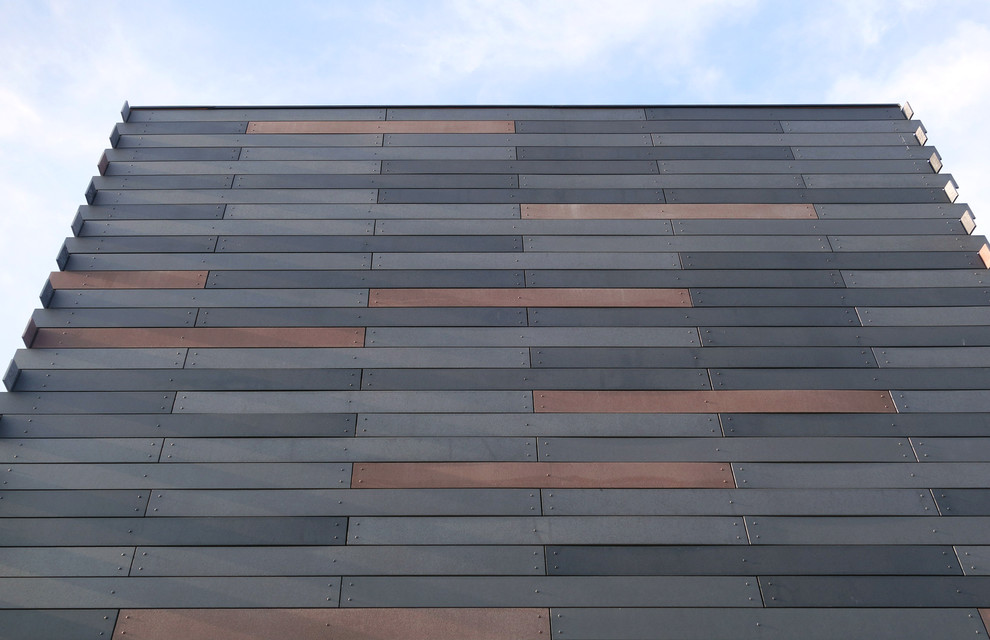 Idée de décoration pour une grande façade de maison noire minimaliste à niveaux décalés avec un revêtement mixte et un toit plat.