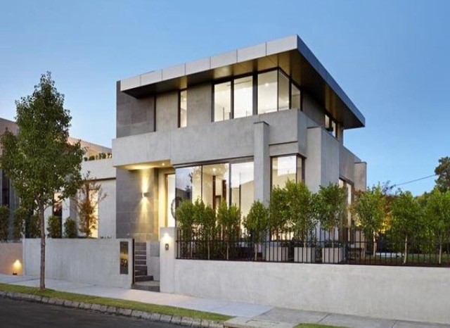 Mid-sized trendy gray three-story concrete exterior home photo in Melbourne