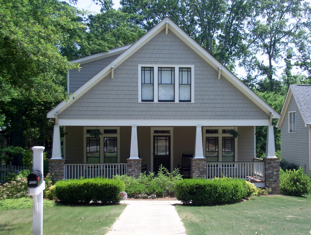 Mid-sized craftsman gray two-story wood exterior home idea in Atlanta with a shingle roof