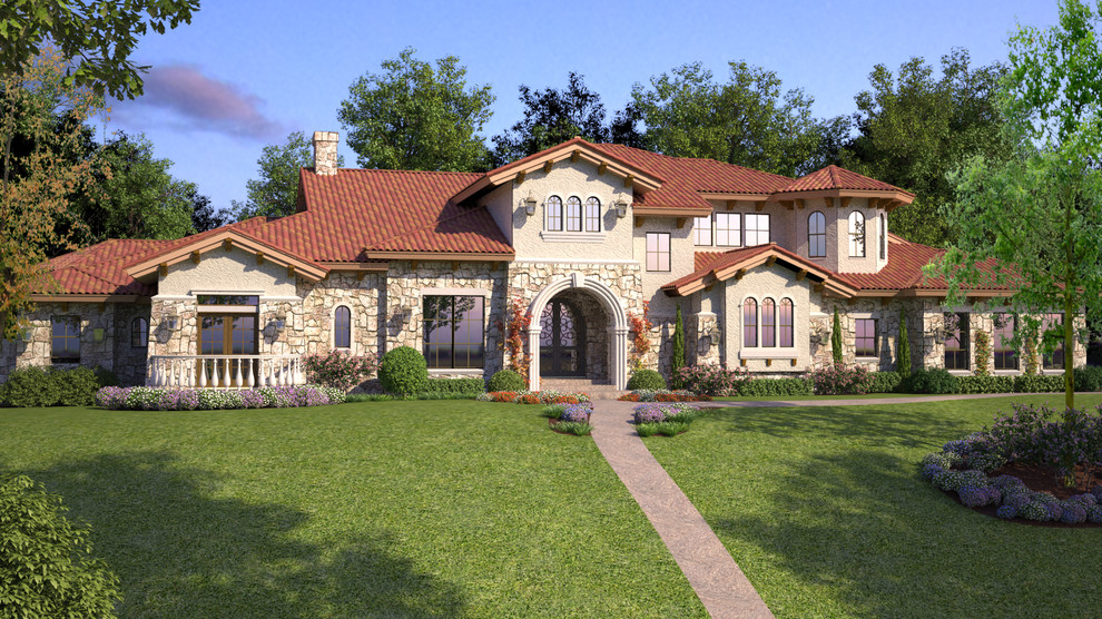 Design ideas for a large two floor house exterior in Dallas with stone cladding.