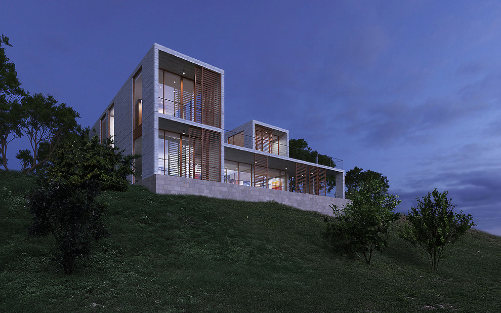 Diseño de fachada de casa gris actual pequeña de dos plantas con revestimiento de hormigón, tejado plano y techo verde