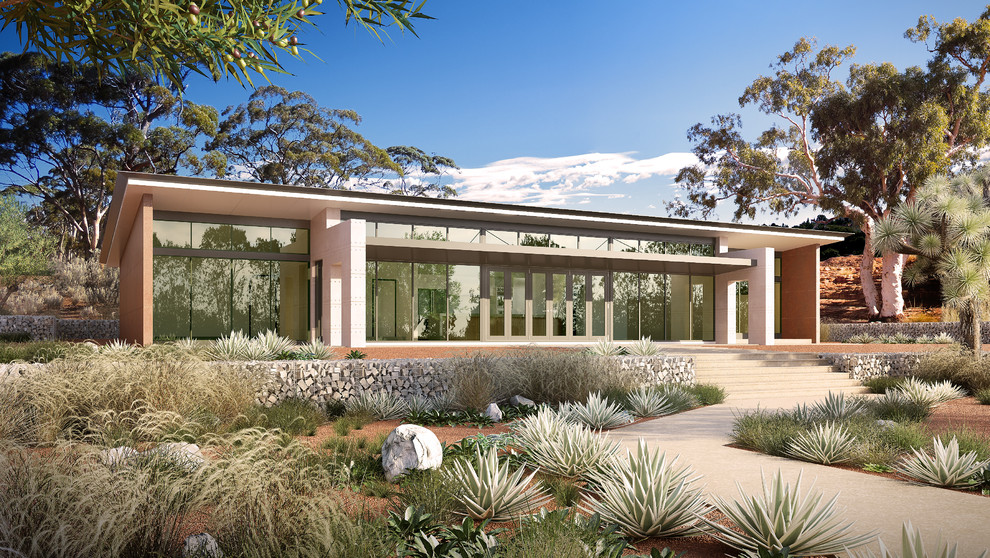 Diseño de fachada moderna de tamaño medio de una planta con revestimientos combinados y tejado plano