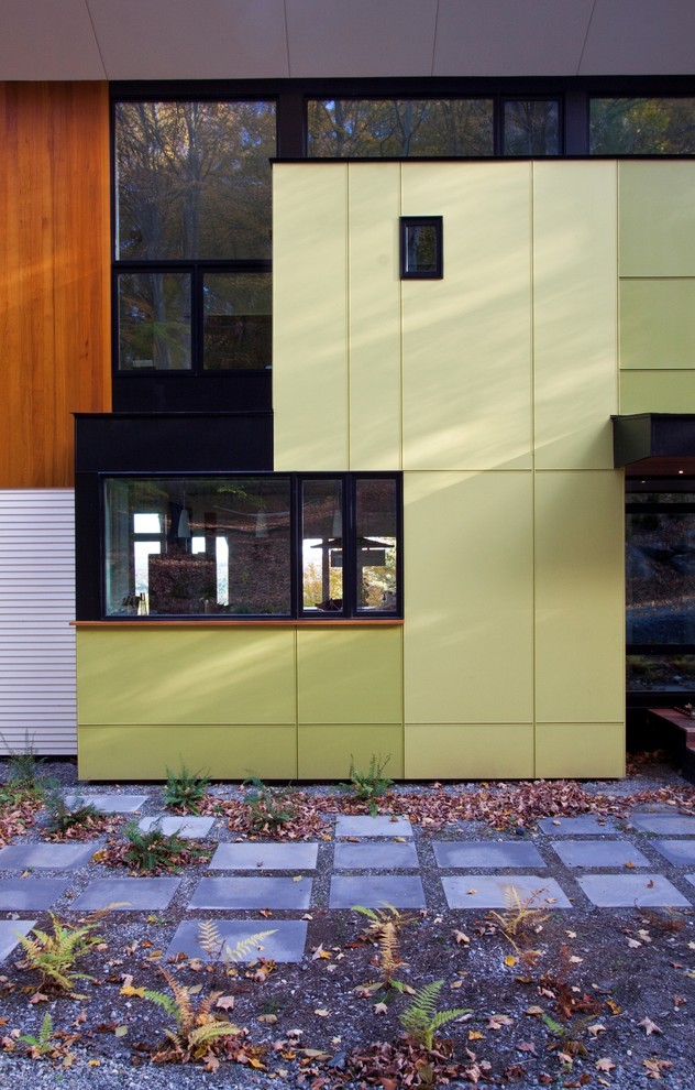 Aménagement d'une façade de maison contemporaine avec un revêtement mixte.