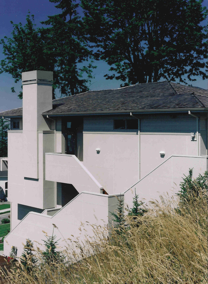 Пример оригинального дизайна: большой, двухэтажный дом в современном стиле с облицовкой из цементной штукатурки