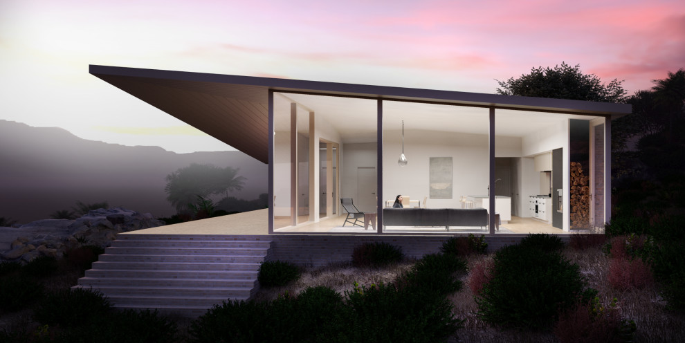 Kleines, Einstöckiges Modernes Einfamilienhaus mit Glasfassade, beiger Fassadenfarbe und Pultdach in Los Angeles