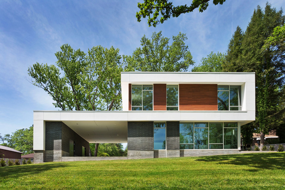 Inspiration pour une façade de maison minimaliste à un étage avec un revêtement mixte et un toit plat.