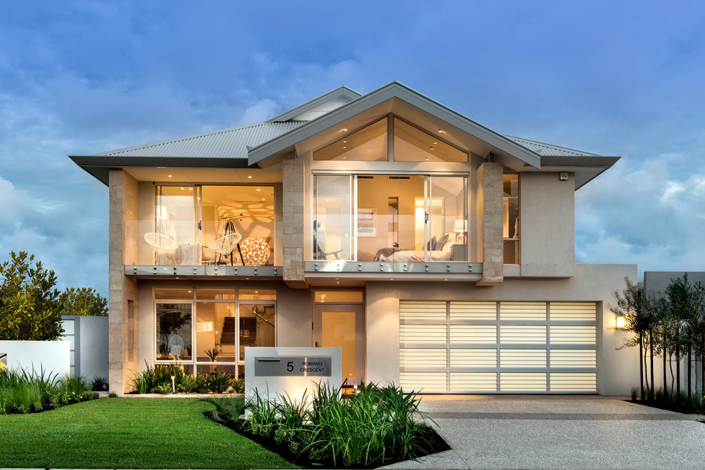 Zweistöckiges Modernes Haus mit grauer Fassadenfarbe und Walmdach in Perth