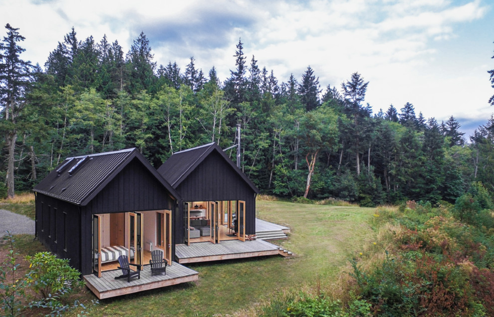 Источник вдохновения для домашнего уюта: одноэтажный, деревянный, черный частный загородный дом в скандинавском стиле с двускатной крышей