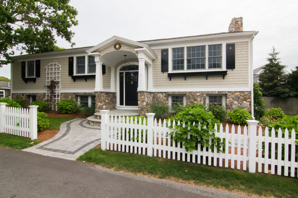 Inspiration for a coastal gray two-story mixed siding exterior home remodel in Boston