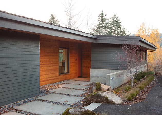 Cette image montre une grande façade de maison noire minimaliste en bois de plain-pied avec un toit plat et un toit en shingle.