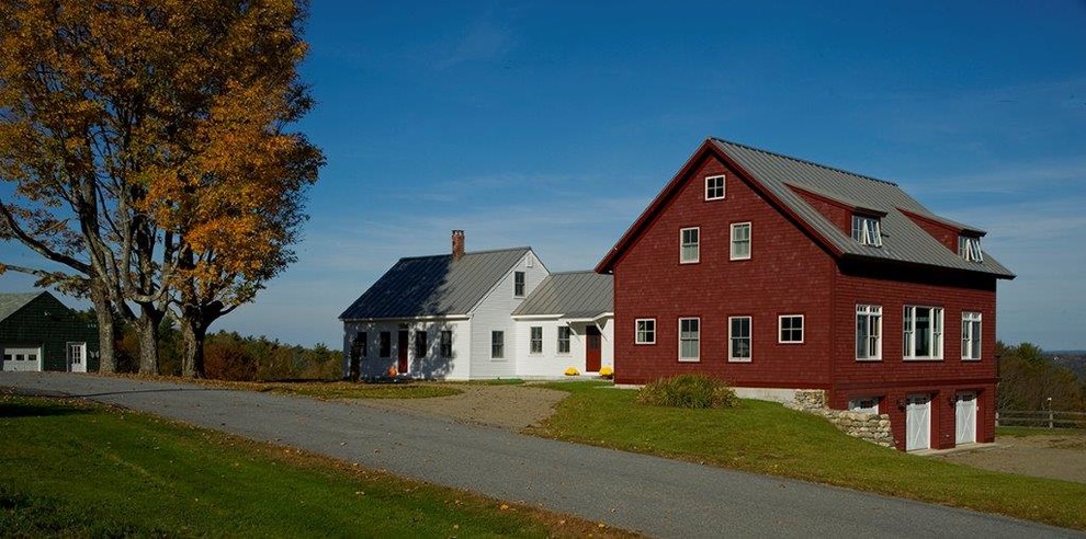 Inspiration for a large and red country two floor brick detached house in Portland Maine with a pitched roof and a metal roof.