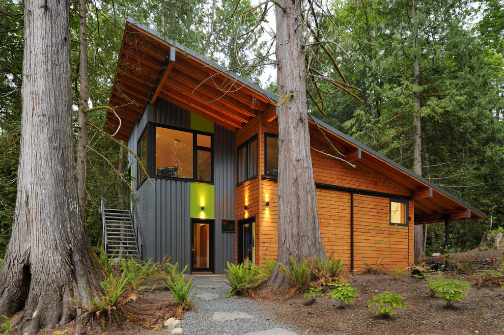 Inspiration pour une grande façade de maison multicolore design à un étage avec un toit en appentis et un revêtement mixte.