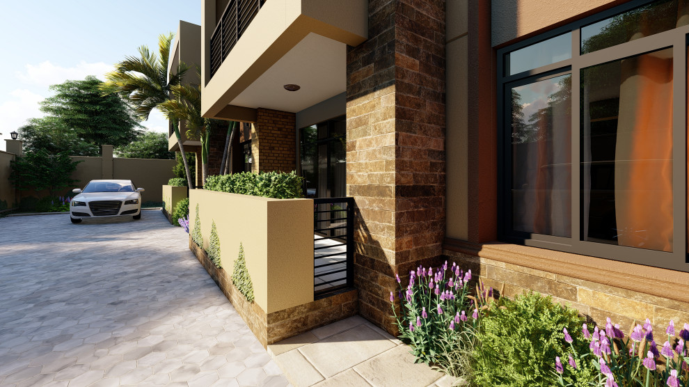 Kleines, Einstöckiges Modernes Wohnung mit Mix-Fassade, bunter Fassadenfarbe, Flachdach und Blechdach in Sonstige