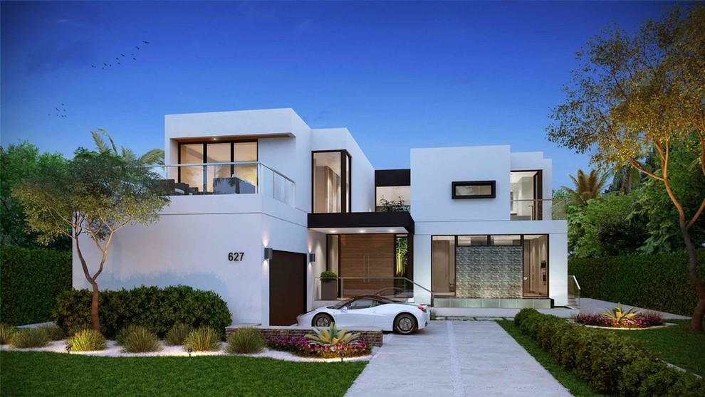 Mittelgroßes, Zweistöckiges Modernes Einfamilienhaus mit Putzfassade, weißer Fassadenfarbe und Flachdach in Miami