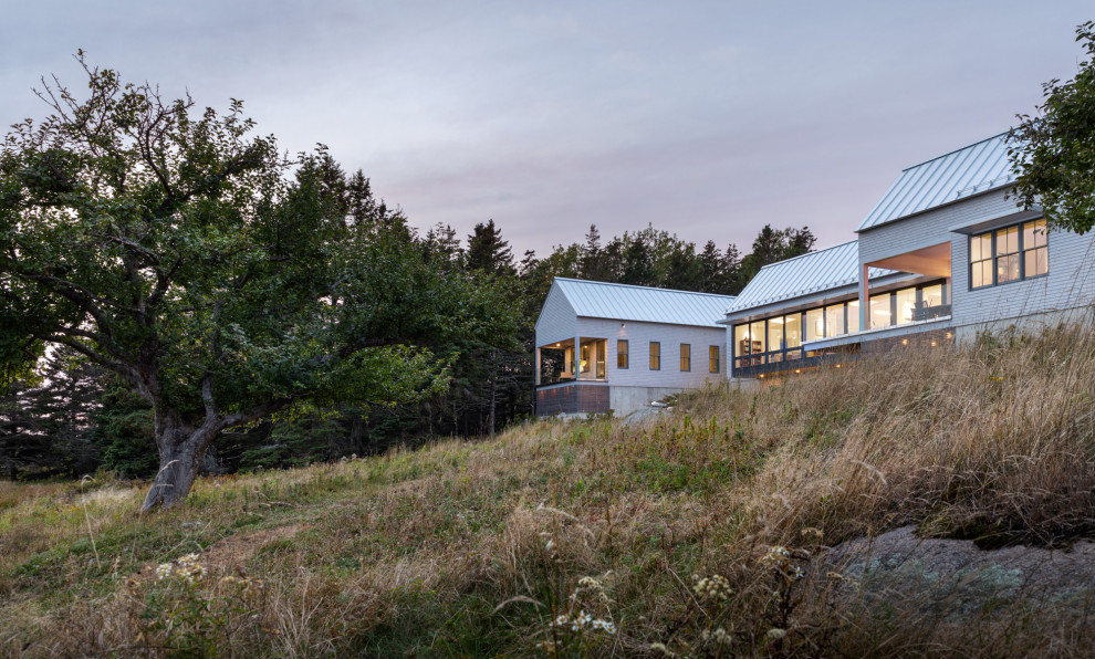 Example of a minimalist two-story wood exterior home design in Other with a metal roof