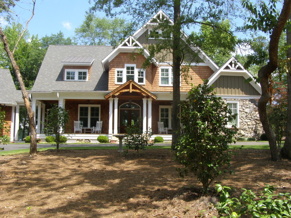 Mid-sized craftsman brown two-story wood gable roof idea in Atlanta