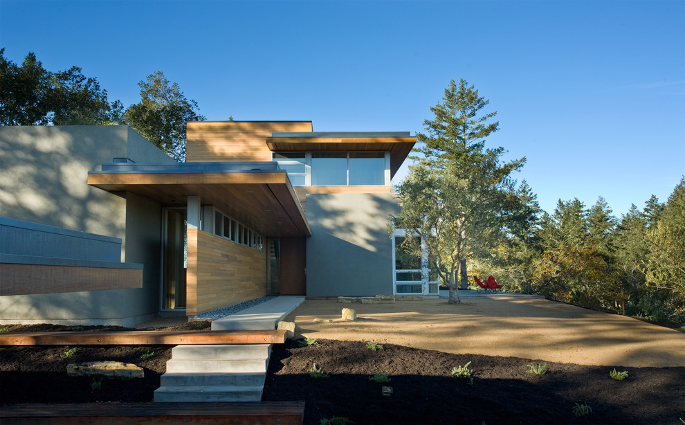 Свежая идея для дизайна: двухэтажный, деревянный дом среднего размера в стиле модернизм с плоской крышей - отличное фото интерьера