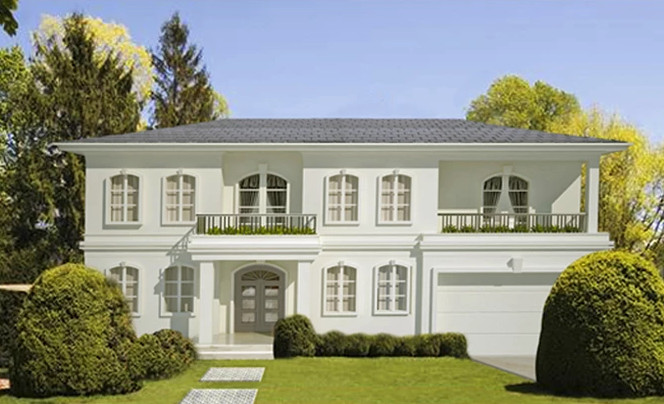 Diseño de fachada de casa beige contemporánea de dos plantas con tejado a dos aguas y tejado de teja de madera