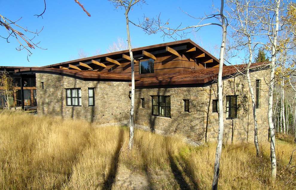 На фото: большой, двухэтажный, коричневый частный загородный дом в современном стиле с комбинированной облицовкой и металлической крышей