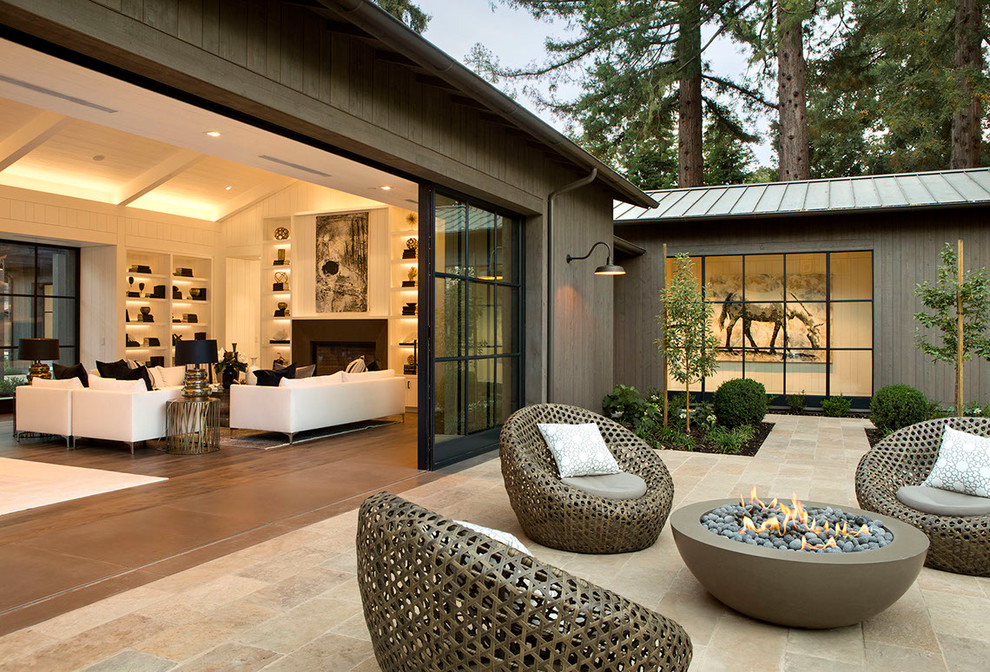 Mid-sized country gray one-story wood gable roof photo in San Francisco with a metal roof