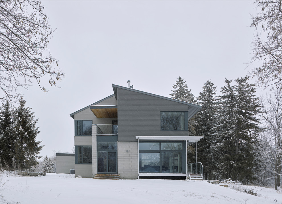 Aménagement d'une très grande façade de maison grise moderne à un étage avec un revêtement mixte, un toit en appentis et un toit en métal.