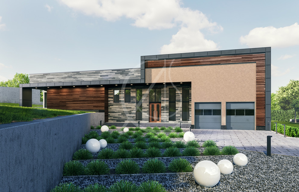 Идея дизайна: одноэтажный, разноцветный частный загородный дом в стиле лофт с комбинированной облицовкой, плоской крышей и металлической крышей