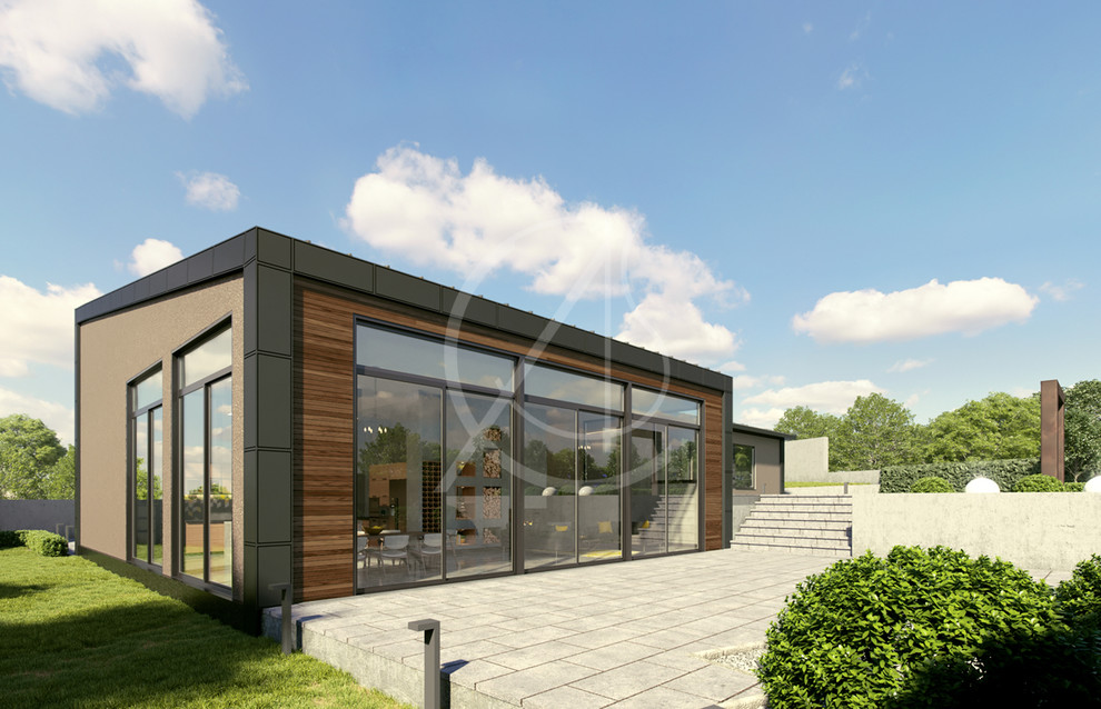 Einstöckiges Industrial Einfamilienhaus mit Mix-Fassade, bunter Fassadenfarbe, Flachdach und Blechdach in London