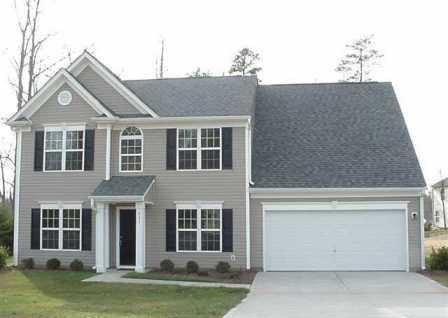 Example of a mid-sized classic gray two-story vinyl gable roof design in Charlotte