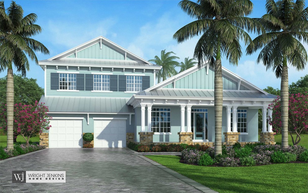 Свежая идея для дизайна: двухэтажный, синий частный загородный дом среднего размера в морском стиле с комбинированной облицовкой, двускатной крышей и металлической крышей - отличное фото интерьера