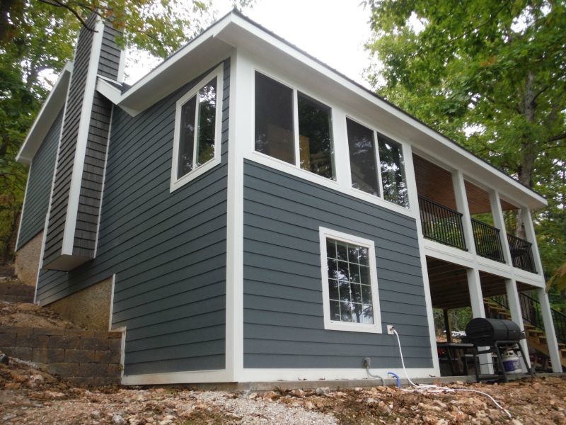James Hardie Evening Blue Siding W/ Arctic White Hardie Trim Lake